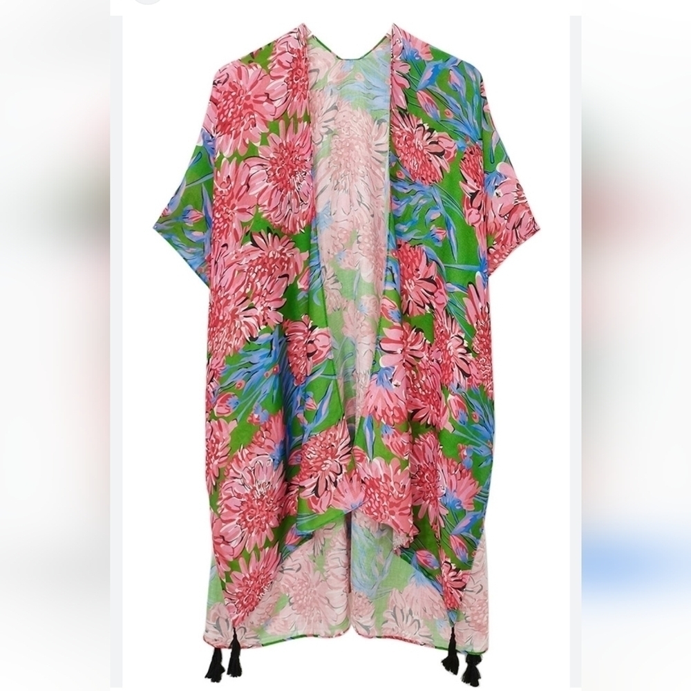Do Everything In Love Floral Kimono Swim Coverup Boho Tassels Green Pink O/S